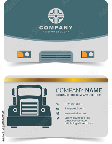 Logistics business card template with truck illustration, professional trucking company stationery, transport and delivery service identity design