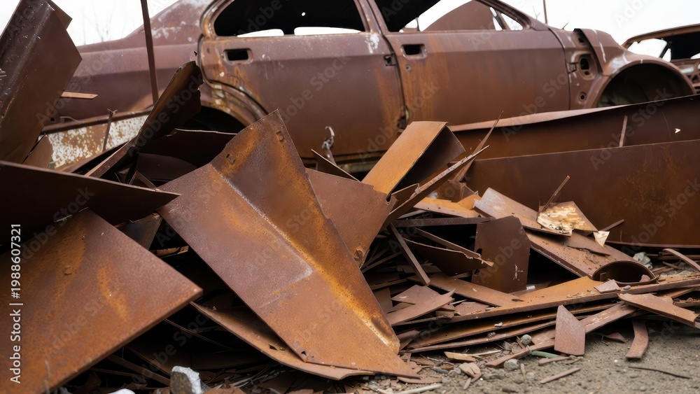 Fototapeta premium Rusty Abandoned Vehicle Surrounded by Metal Scrap in Wasteland