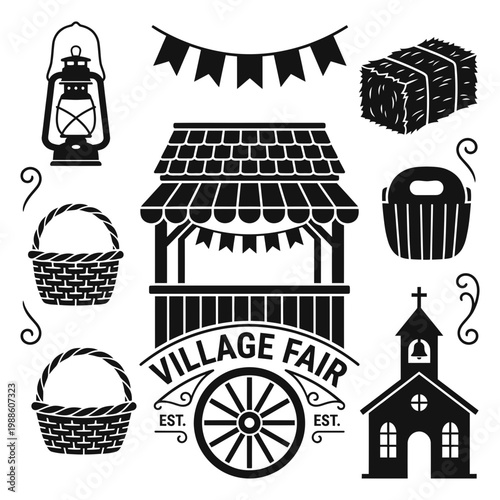 Village fair badge with market stall lantern and church