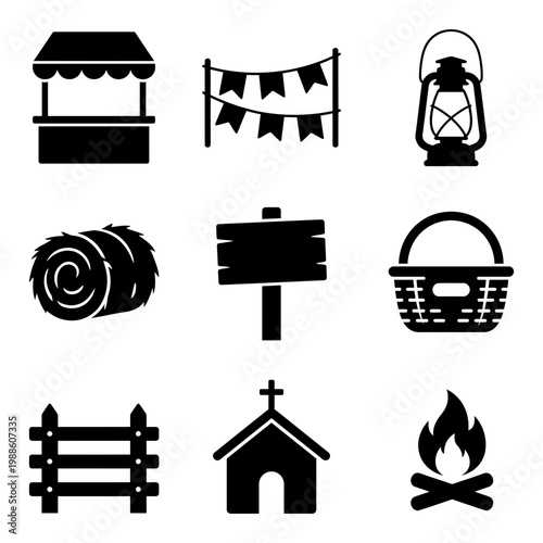 Village fair symbol set with stall lantern church and bonfire