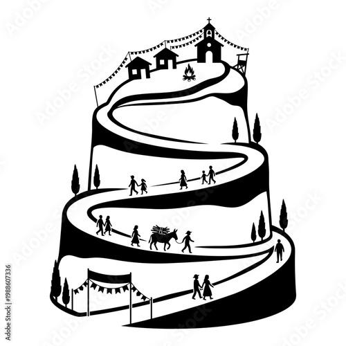 Village festival road winding to hilltop church and houses