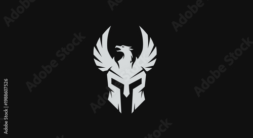 Minimalist eagle phoenix spartan helmet logo emblem on black