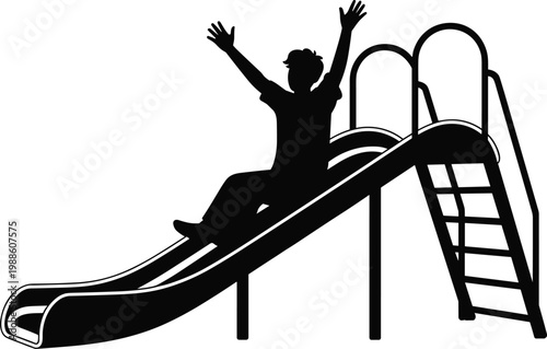 Child sliding on playground slide silhouette fun outdoor activity park vector illustration isolated design concept