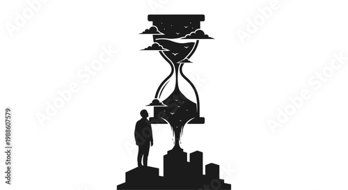 Silhouette of man watching hourglass on city skyline.
