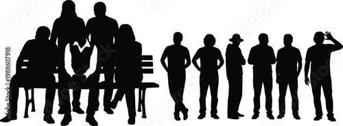 People silhouettes group standing and sitting on bench diverse crowd social gathering vector illustration isolated set