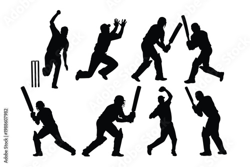 Cricket Player Silhouettes Set, Professional Batsman and Bowler Action Vector Icons