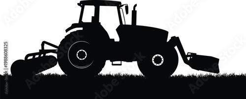 Silhouette of farmer driving tractor on field agricultural machinery rural farming landscape illustration vector design