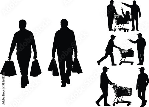 Shopping people silhouettes carrying bags and pushing cart customers retail lifestyle isolated on white background