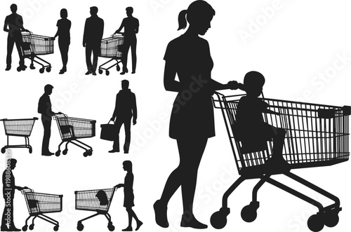 Silhouette of people shopping with carts including mother and child in supermarket concept retail lifestyle