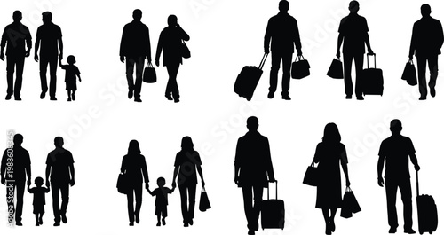Travelers silhouettes walking with luggage and family holding hands urban travel lifestyle isolated on white background