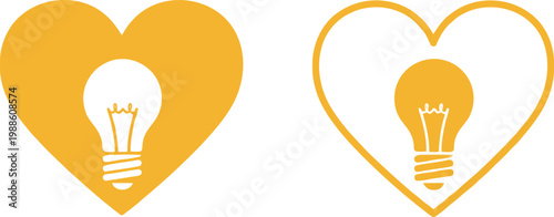Yellow heart icons with light bulb symbol, creative idea and innovation concept vector illustration
