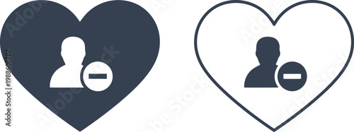 User remove icon in heart shape outline and filled style for social media unfollow concept