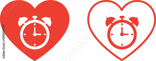 Red heart icons with alarm clock symbol for love timing, romance, and relationship deadline concepts