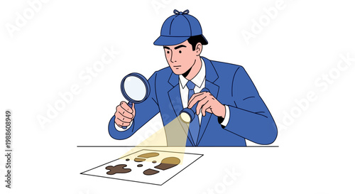 cartoon detective examining fingerprints closely.