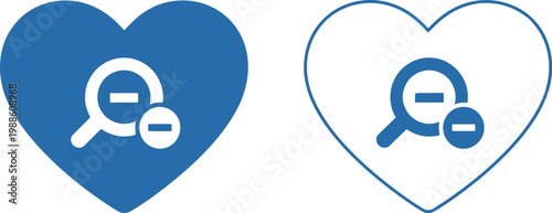 Blue heart icons with magnifying glass and minus sign for medical and healthcare applications