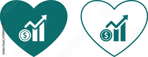 Fotografi Financial growth icon with dollar sign and upward arrow inside heart shape, teal