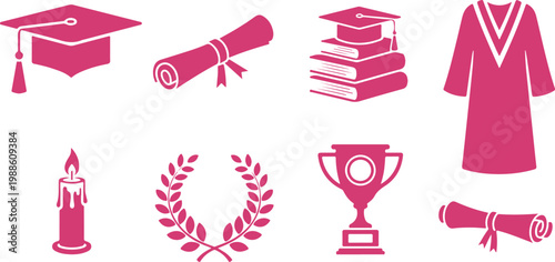 Set of colorful academic achievement icons featuring graduation cap diploma gown books candle laurel trophy and certificate designs