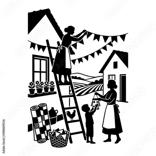 Women hanging bunting for Sao Joao celebration vector