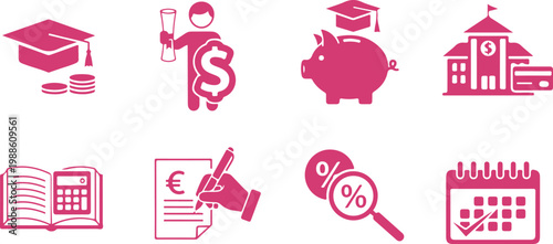 Set of colorful educational and financial icons representing study loans graduation savings and budgeting concepts