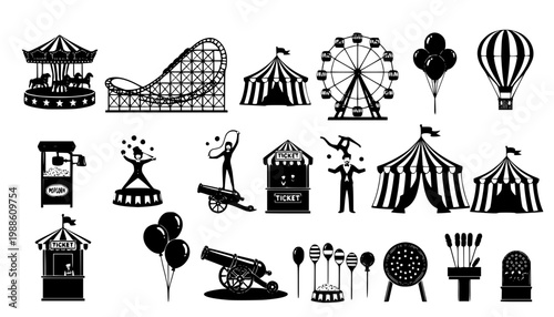 Set of silhouette icons of circus, amusement park. Carnival parks carousel attraction, fun rollercoaster and ferris wheel attractions.