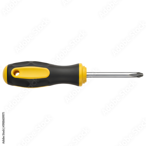 Photography Yellow and black phillips head screwdriver with ergonomic rubberized grip handle for manual repair and assembly work lying horizontally against transparent layout for professional tool cataloguing