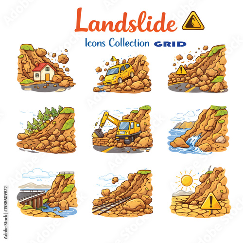 Landslide Disaster with Falling Rocks and Soil on Mountain Road, Natural Hazard Concept