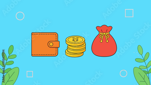 Wallet coins and money bag on blue