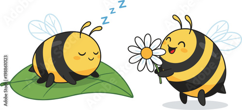 Cute cartoon honey bees illustration featuring one happy bee holding a daisy flower and one sleeping on a green leaf, perfect for kids' designs.