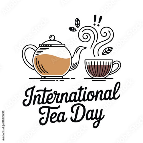 Tea day vector background with teacup and kettle. One line drawing art illustration,border, banner with lettering international tea day.