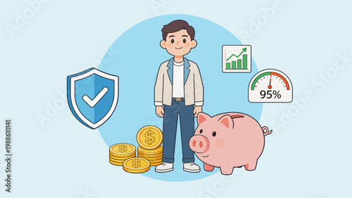 Man with piggy bank coins and financial icons