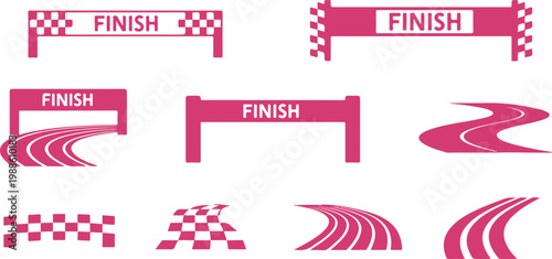 Set of colorful finish line icons and race track symbols for sports graphics and design projects
