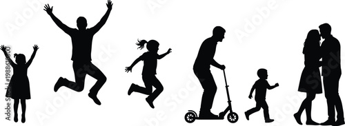 Set of black silhouettes featuring happy family jumping for joy riding a scooter and romantic couple kissing isolated on white background for lifestyle designs.