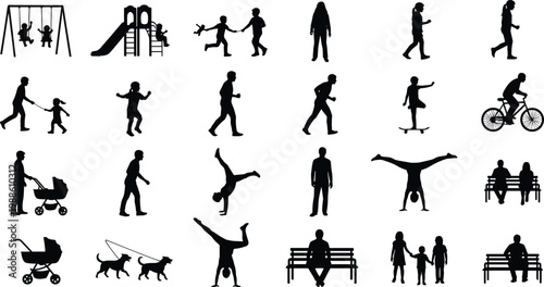 Large collection of black silhouettes featuring people playing in park children on swings families walking dogs and outdoor fitness activities isolated on white.