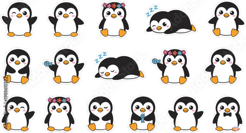 Large set of cute cartoon penguin sticker icons with various expressions holding fish wearing flower crowns and sleeping isolated on white background.