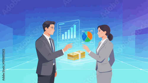 Business professionals discussing data and money