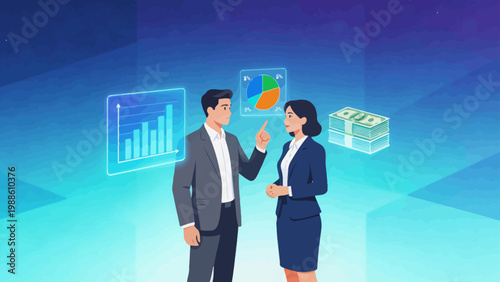 Business professionals discussing data