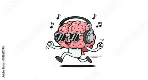 A cartoon brain wearing headphones and sunglasses runs with musical notes around.