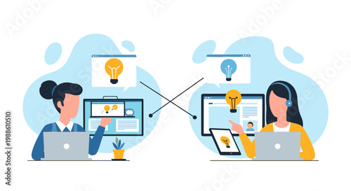 Two women at separate desks share creative ideas with floating lightbulb icons linked between their laptop and tablet screens in a bright office space.