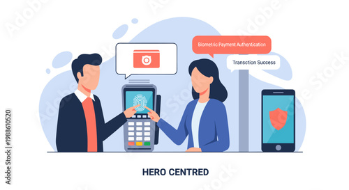 A man and a woman both touch a biometric payment terminal while speech bubbles show transaction success and security icons in a bright office environment.