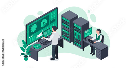 Two IT professionals work in a server room with one standing at a large monitor and one sitting at a desk with racks in a bright and green environment.