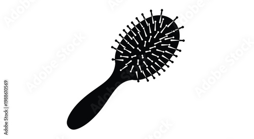 A black silhouette of a hairbrush displayed against a plain white background isolated view high quality