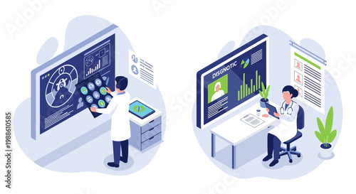 Professional medical staff analyze complex patient data on large digital screens within a bright, sterile, and meticulously organized clinical workspace.
