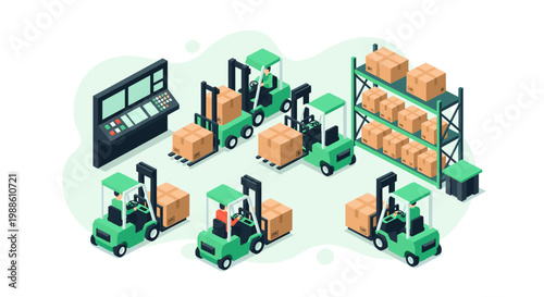 Several industrial green forklifts efficiently transport brown cardboard boxes across a spacious warehouse floor near organized metal storage rack systems.