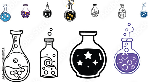 Vector Icon of a Magical Potion Bottle with Swirling Bubbles, Outline Style, Minimal, White Background
