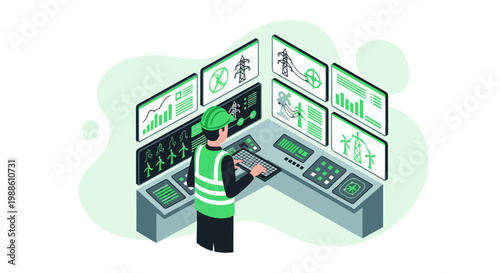 An attentive technician wearing a bright green safety vest monitors intricate power grid diagrams on multiple glowing screens within a high-tech control room.