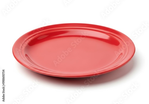 A red plate with a circular shape and a subtle shadow on a white background.