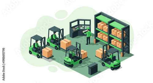 An industrious worker in a green uniform operates a forklift to organize cardboard boxes within a spacious warehouse featuring metal racks and control panels.