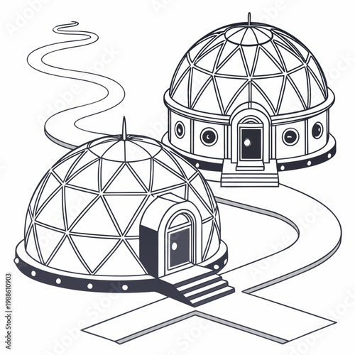 A minimalist illustration depicts two geodesic domes connected by pathways with rising steam suggesting warmth or activity high quality professional detailed modern