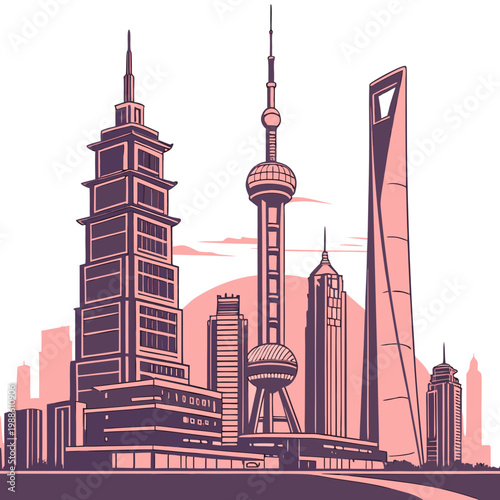Canvas Print A stylized illustration depicts a vibrant cityscape featuring iconic shanghai la