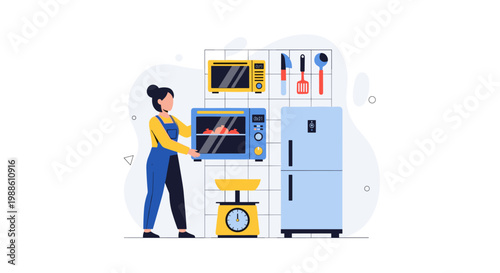 Professional woman in yellow shirt and blue overalls carefully places a food tray into a modern blue microwave oven within a clean kitchen workspace.